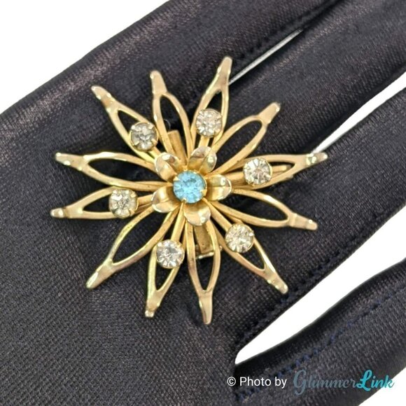 Vintage 1950s Floral Starburst Blue Clear Rhinestones Gold Tone Brooch - Picture 1 of 8